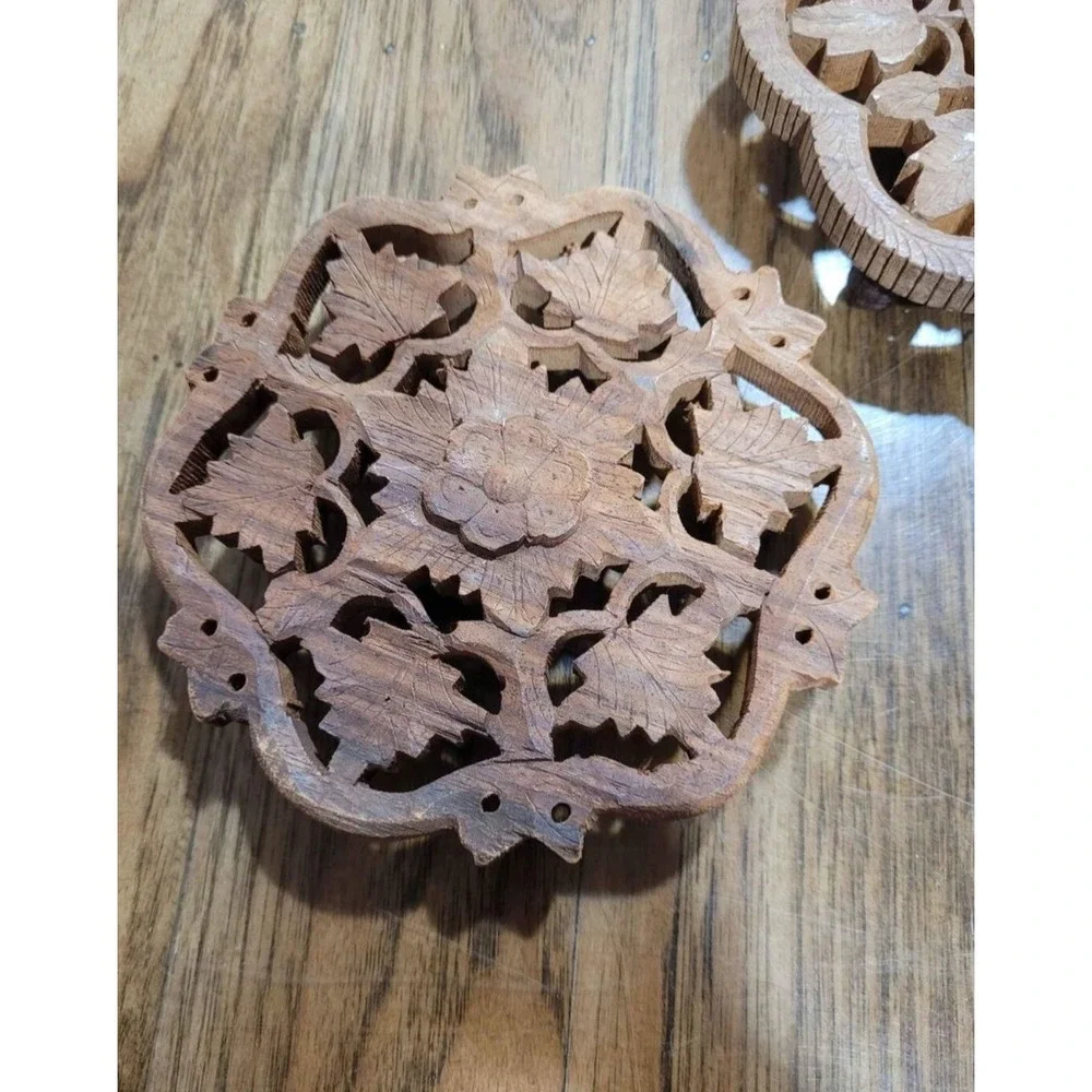 Vintage Teak Wood Hand Carved Trivets Made In India 6